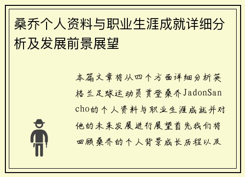 桑乔个人资料与职业生涯成就详细分析及发展前景展望